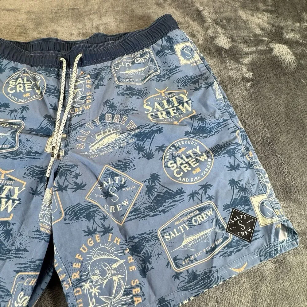 SALTY CREW CABIN Sz L 34 CRUISER Beach Club Elastic Boardshort Marine Blue AOP